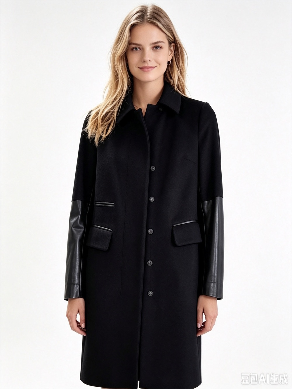 DVF 90%Wool 10% Cashmere Coat With Leather Half Sleeve- Black Size 6 S5590202T12